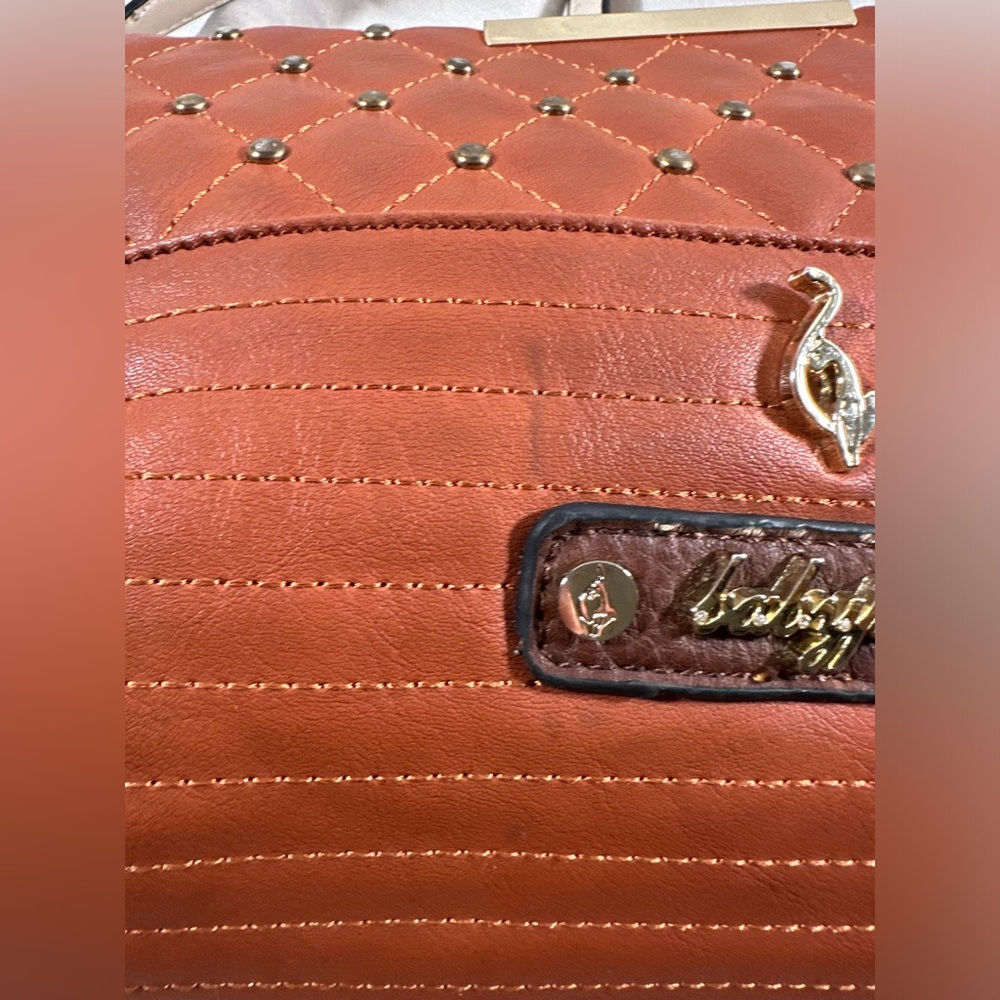 Baby phat Y2K Cognac Brown Studded Quilted Leather Crossbody Purse Pink Liner - Picture 9 of 16